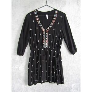 Black Embroidered Tunic Dress Boho Elastic Waist Drawstring V Neck 3/4 Sleeve